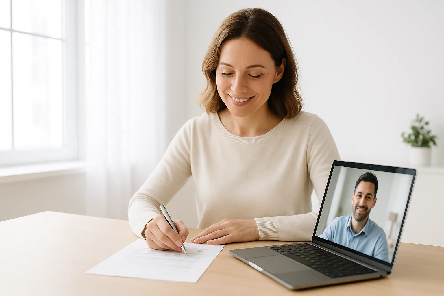 Client signing a document during a remote online notarization video session