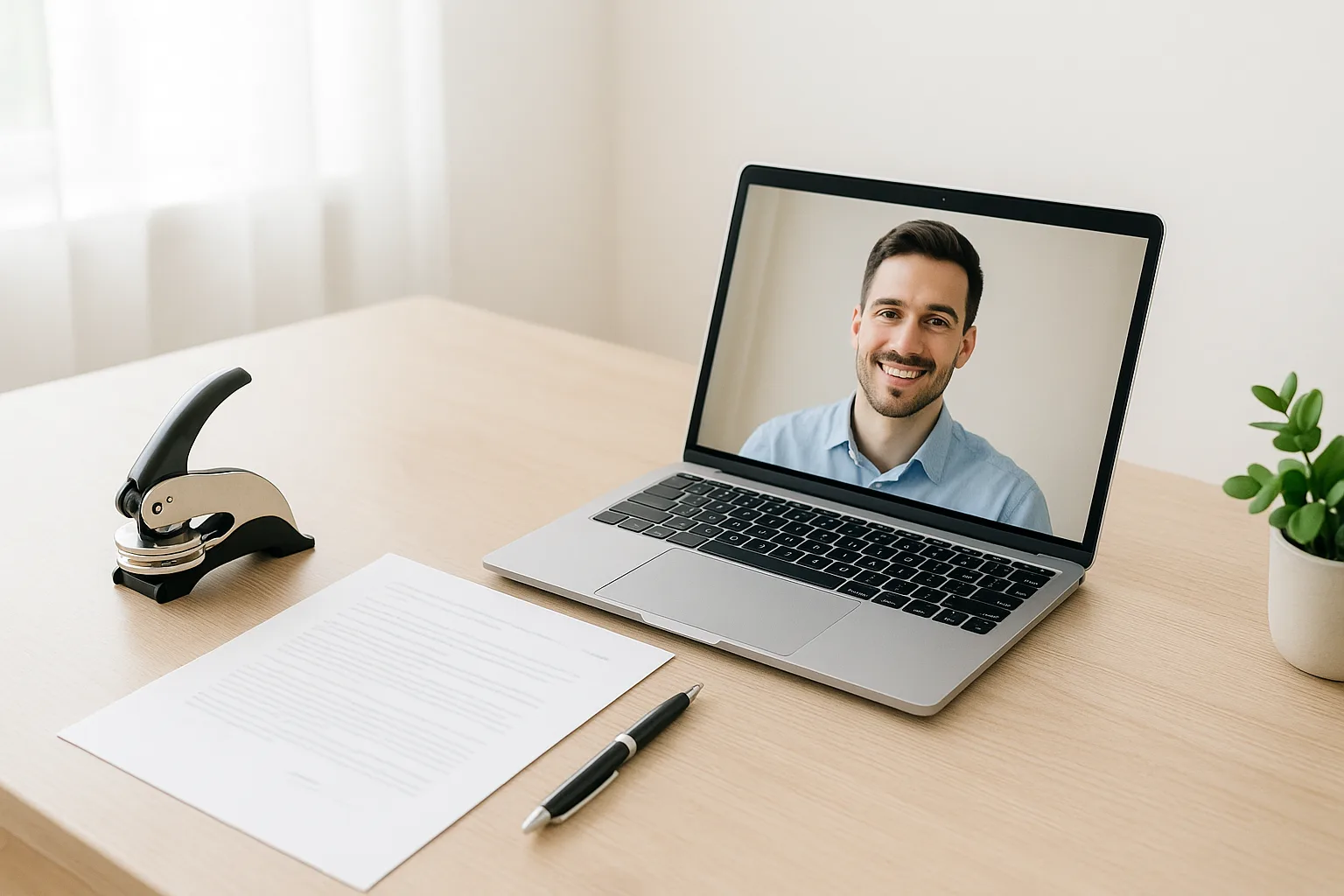 Notary embosser, a document with a pen, and a laptop showing a remote online notarization session